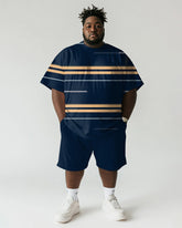 Men's Plus Size Casual Blue Stripe Print Short Sleeve T-Shirt Shorts Suit